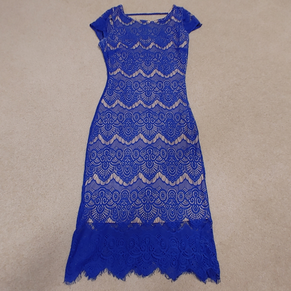 Bebe Lace Overlay Fitted Dress - Nude and Blue - Size XS